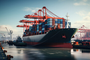 Fototapeta premium A large cargo ship is seen docked at a dock. This image can be used to depict transportation, international trade, or industrial activities.