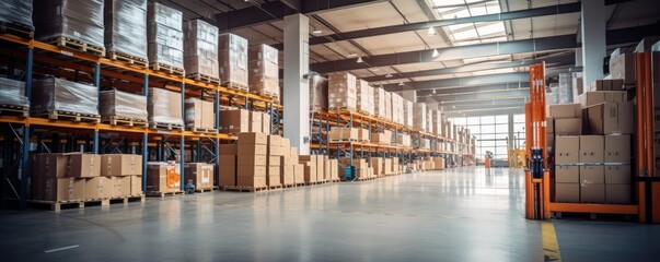Large warehouse full of shelves with goods in cartons, with pallets and forklifts. Logistics and transportation blurred background. Format photo 5:2. - obrazy, fototapety, plakaty