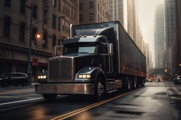 A semi truck driving down a city street. Suitable for transportation or urban scenes. - obrazy, fototapety, plakaty