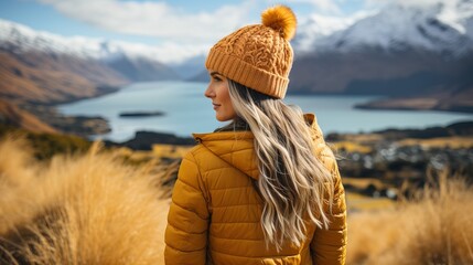 Female hiker in winter hat enjoying calm lake view.