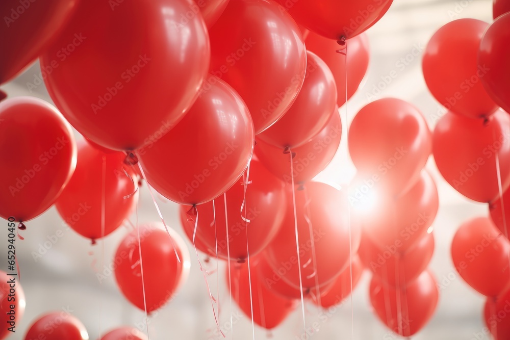 Poster a picture of a bunch of red balloons hanging from the ceiling. this image can be used for various oc