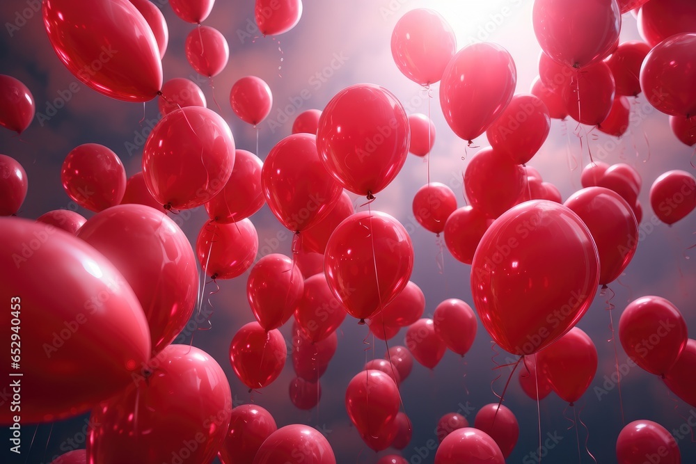 Poster A vibrant image featuring a bunch of red balloons floating in the air. Perfect for adding a pop of color and joy to any project or event.
