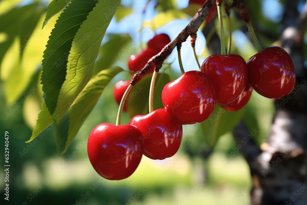 Poster a bunch of cherries hanging from a tree. suitable for food and nature-related projects.