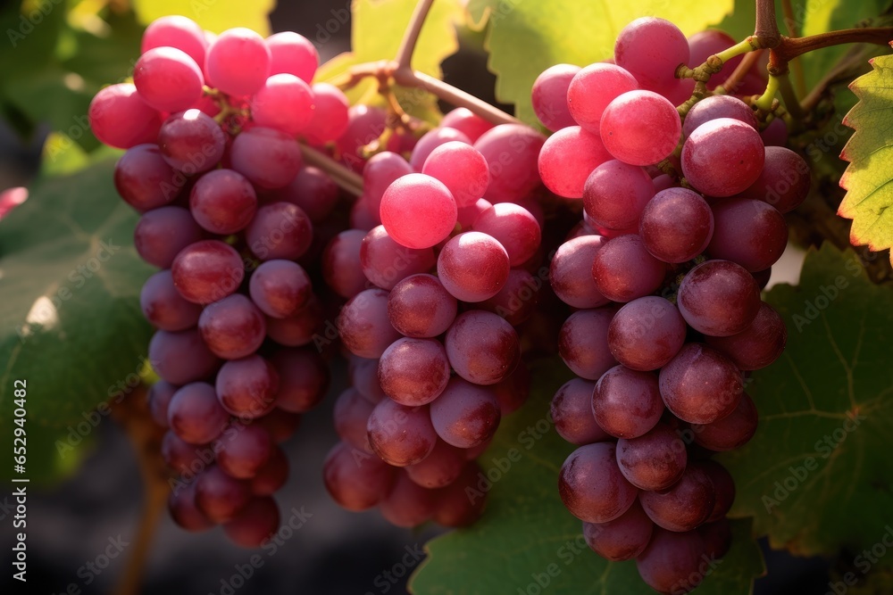 Poster a picture of a bunch of red grapes hanging from a vine. this image can be used to showcase fresh pro