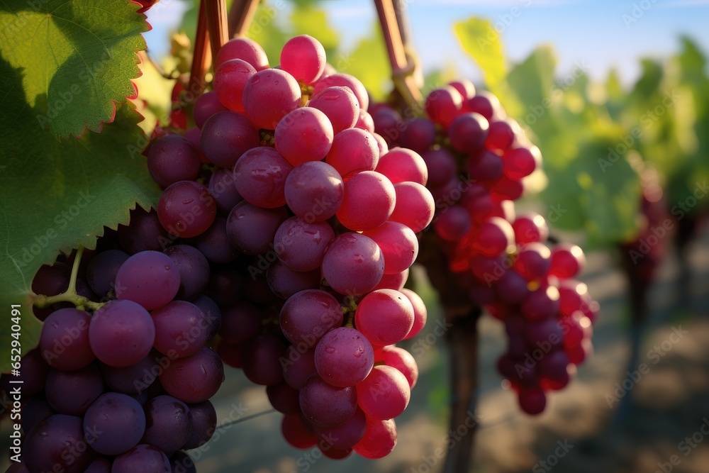 Poster a bunch of red grapes hanging from a vine. this image can be used to depict vineyards, wine producti