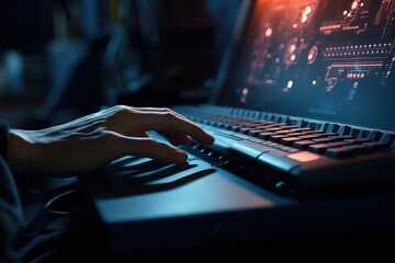 A person is seen typing on a computer keyboard in a dimly lit room. This image can be used to depict working late at night, cybersecurity, privacy, or a mysterious atmosphere. - obrazy, fototapety, plakaty