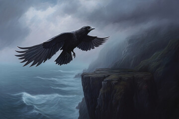 Illustration of raven flying over stormy shoreline, waves hit cliffs, stormy weather.
