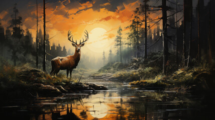 Beautiful deer in the forest with river.generative ai