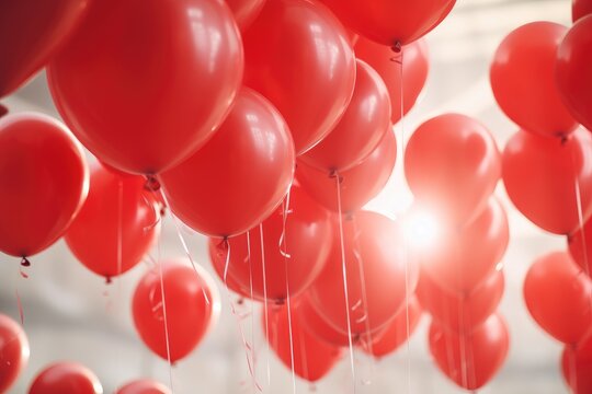 A picture of a bunch of red balloons hanging from the ceiling. This image can be used for various occasions and celebrations.