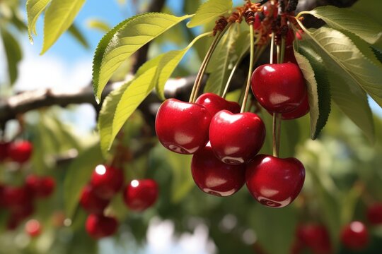 A bunch of cherries hanging from a tree. This image can be used to depict the abundance of fruit, nature's beauty, or the concept of fresh produce.