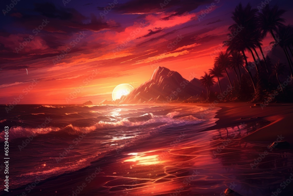Poster A beautiful painting capturing the vibrant colors of a sunset on the beach. Perfect for adding a touch of serenity to any space.