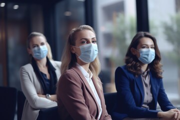 Three women are pictured sitting at a table, all wearing face masks. This image can be used to represent safety measures, social distancing, or health precautions in various settings.