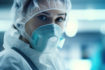A woman is pictured wearing protective clothing and a face mask. This image can be used to depict safety precautions, health measures, or protection against airborne particles. - Powered by Adobe