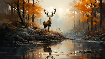 Beautiful deer in the forest with river.generative ai - obrazy, fototapety, plakaty