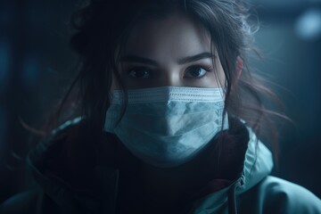 A woman is pictured wearing a face mask in a dark room. This image can be used to depict concepts of protection, safety, health, and the current global pandemic. Ideal for articles, blogs, or social m