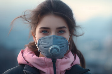 A woman is pictured wearing a face mask with mountains in the background. This image can be used to represent health and safety measures during outdoor activities.