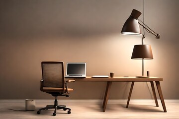 Brown desk with laptop lamp and office chair isolated near the wall . 