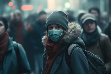 A woman wearing a face mask in a crowded street. This image can be used to depict the current situation of wearing masks in public spaces. - obrazy, fototapety, plakaty
