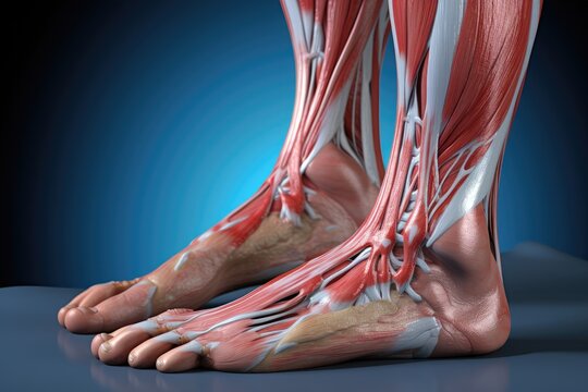 A close-up view of a person's feet highlighting the strong and toned muscles. This image can be used to depict fitness, athleticism, and physical strength.