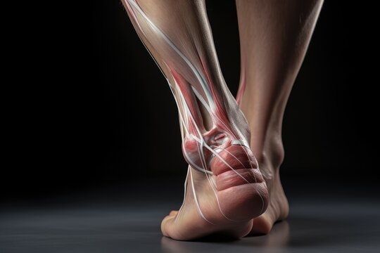 A detailed close-up of a person's foot with the muscles exposed. This image can be used to depict anatomy, medical illustrations, sports injuries, or physical therapy.