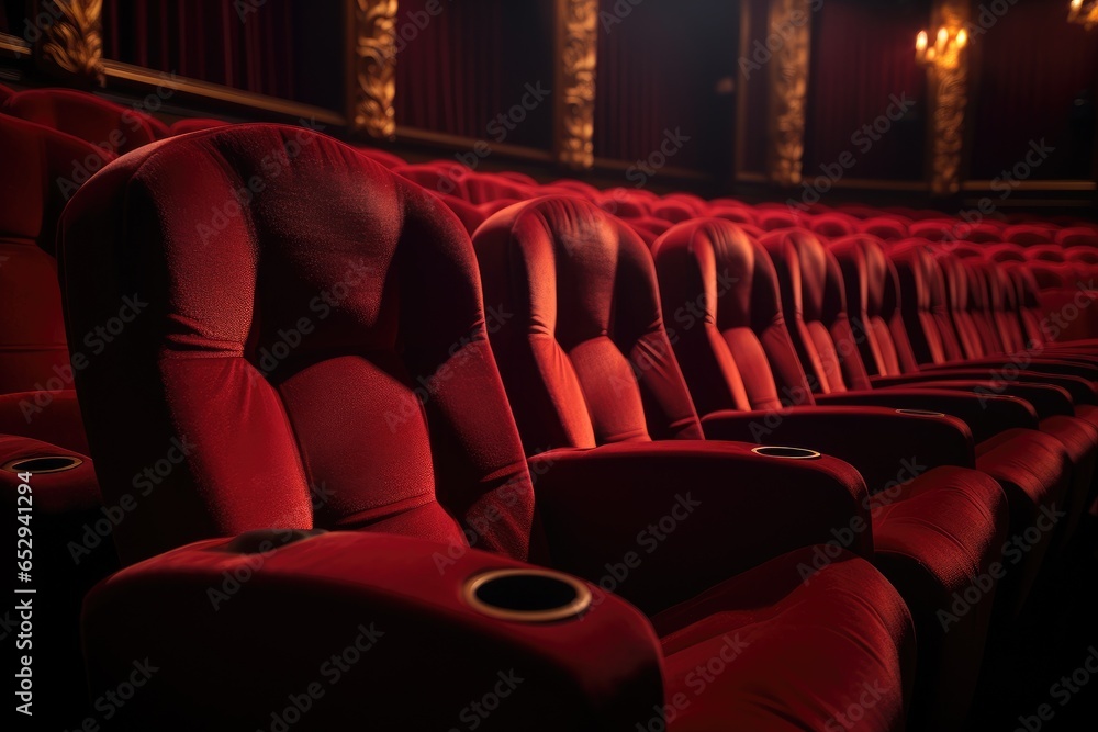 Poster a row of red seats in a theater. perfect for showcasing the ambiance of a theater or for illustratin