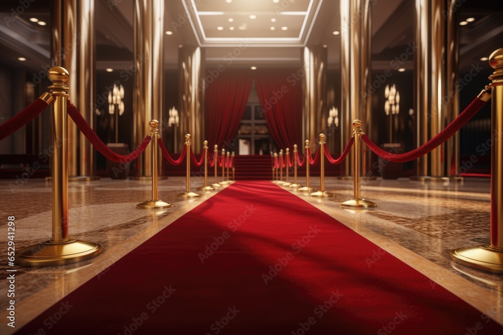 Poster A luxurious red carpeted hallway with elegant gold poles. Perfect for adding a touch of elegance and sophistication to any design project.