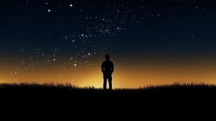 Silhouette of a man on the street against the backdrop of bright stars in the sky.