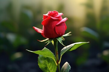 A beautiful photograph of a single red rose with green leaves in the background. Perfect for use in romantic or nature-themed projects.