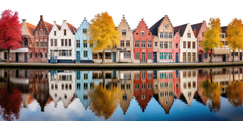 isolated transparent background PNG. row of colorful houses in the bruges canals. merchant houses, warehouses