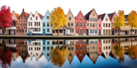 Rolgordijnen isolated transparent background PNG. row of colorful houses in the bruges canals. merchant houses, warehouses © ana