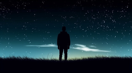 Silhouette of a man on the street against the backdrop of bright stars in the sky.