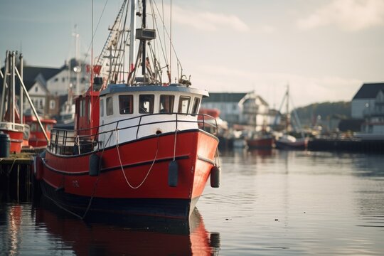 A picturesque image of a red and white boat docked in a serene harbor. Perfect for travel brochures or website banners.