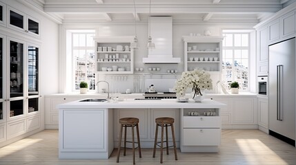 Luxury modern white kitchen and dinning room concept. AI generated image - obrazy, fototapety, plakaty