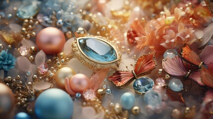 A close up of a ring surrounded by flowers and pearls - Powered by Adobe