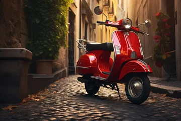 Selbstklebende Fototapeten A vibrant red scooter is parked on a picturesque cobblestone street. Perfect for travel or urban lifestyle concepts. © Fotograf