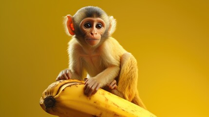 A baby monkey sitting on top of a banana