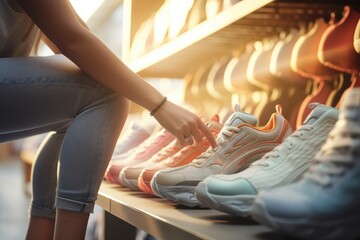A woman is seen picking up a pair of sneakers. This image can be used to depict shopping, fitness,...