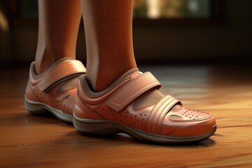A detailed view of a person's shoes on a rustic wooden floor. Perfect for illustrating concepts of fashion, footwear, or walking in someone else's shoes.