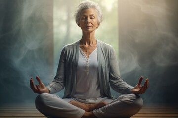 A woman sitting in a yoga position with her eyes closed. Can be used to promote relaxation, mindfulness, and wellness activities.
