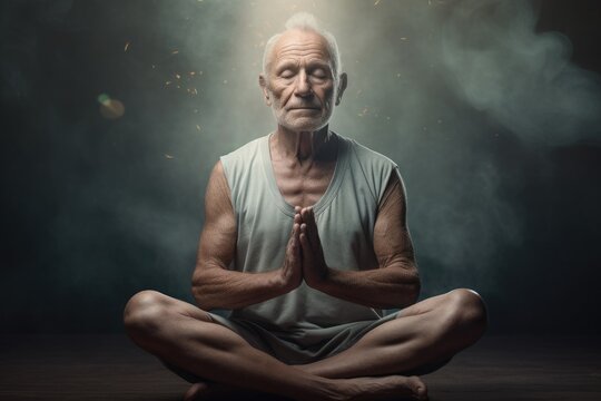 A man sitting in the middle of a yoga pose. This image can be used to promote mindfulness and physical well-being.