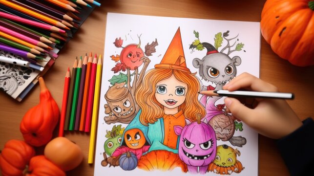 A person drawing a picture of a girl surrounded by halloween characters