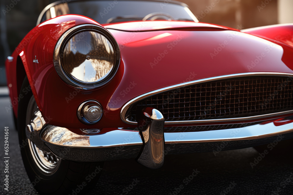Poster a close-up view of the front of a vibrant red sports car. this image captures the sleek design and p
