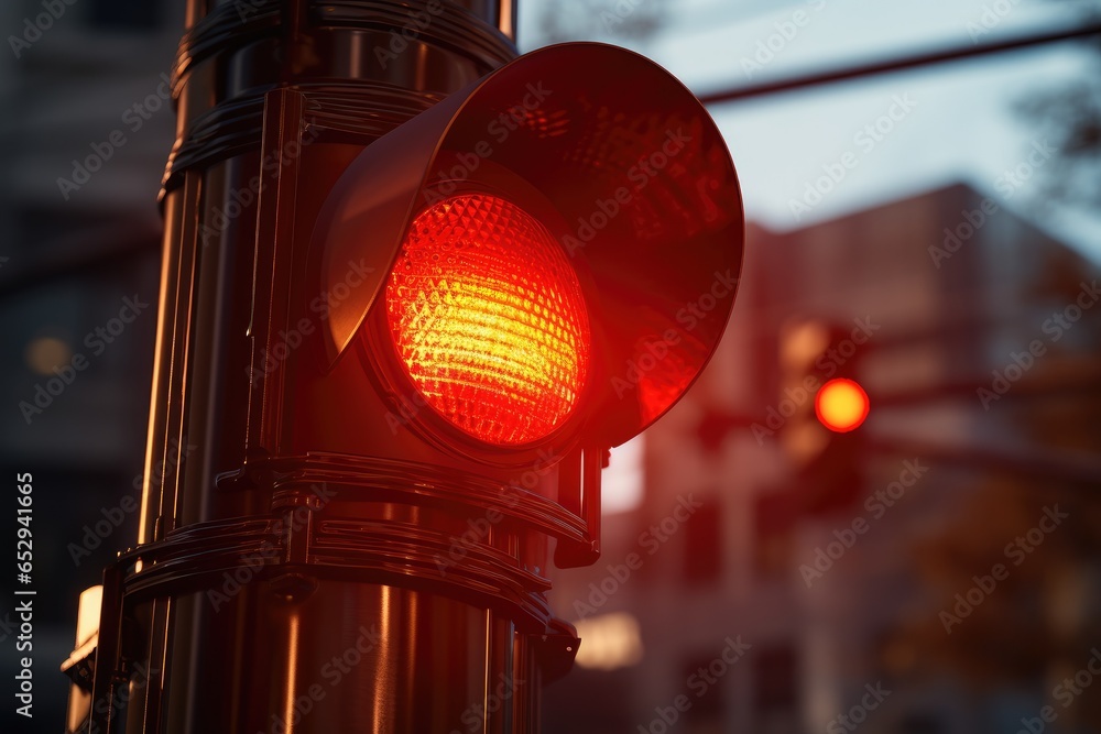 Poster A picture of a traffic light with a red light on it. This image can be used to represent a stop or cautionary signal.