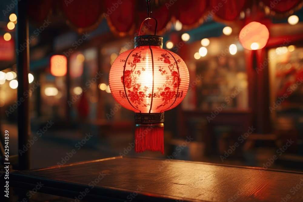 Poster a red lantern hanging from the ceiling of a restaurant. perfect for adding a touch of traditional de
