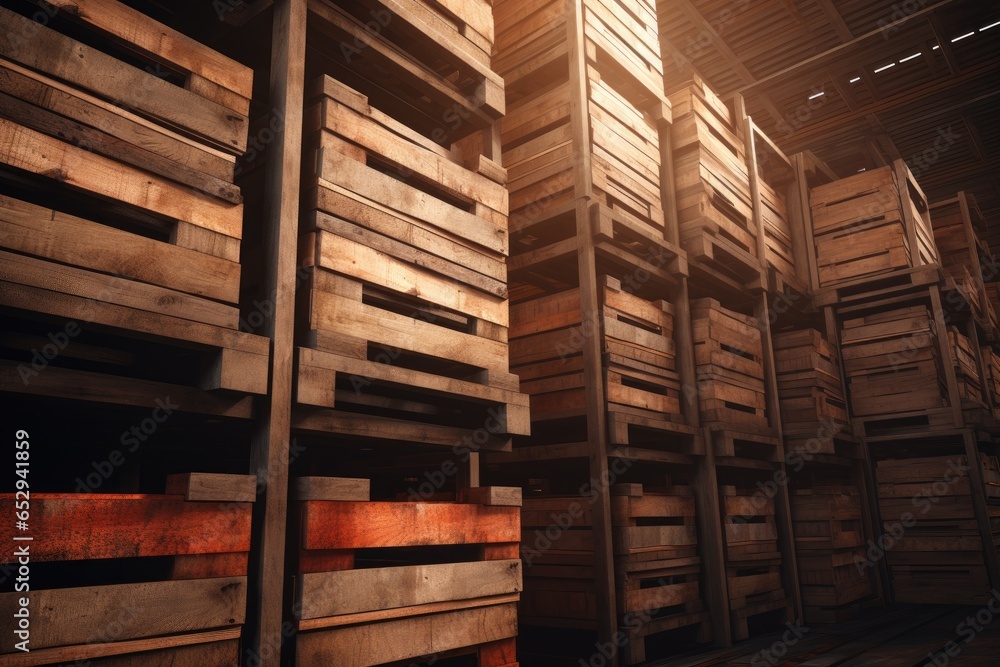 Poster a room filled with lots of wooden pallets. can be used for storage or as a background for industrial