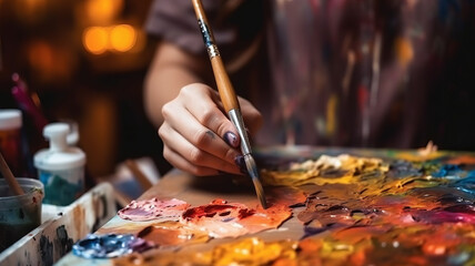 Cropped image of artist woman's hand drawing an oil color on canvas by paint brush.generative ai