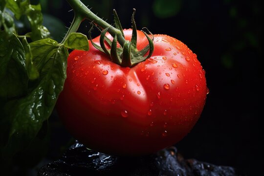 A detailed close-up view of a ripe tomato with glistening water droplets. This image captures the freshness and natural beauty of the tomato. Perfect for food-related projects or any design that requi