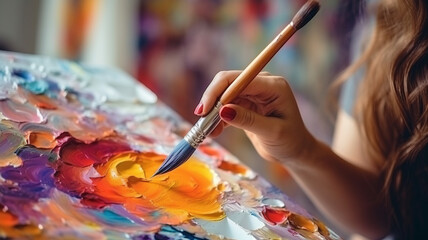 Naklejka premium Cropped image of artist woman's hand drawing an oil color on canvas by paint brush.generative ai