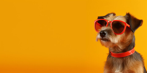 Dog wearing cool glasses on colored background.