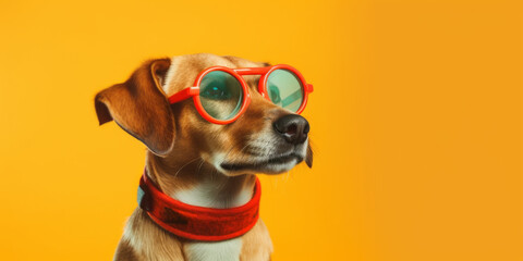 Dog wearing cool glasses on colored background. - obrazy, fototapety, plakaty
